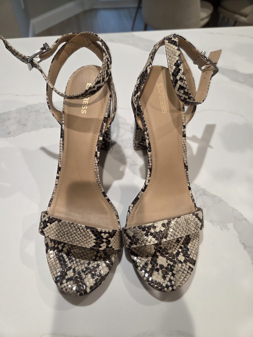 Express Women's Snakeskin Ankle-Strap Block Heel Sandals - Neutral
